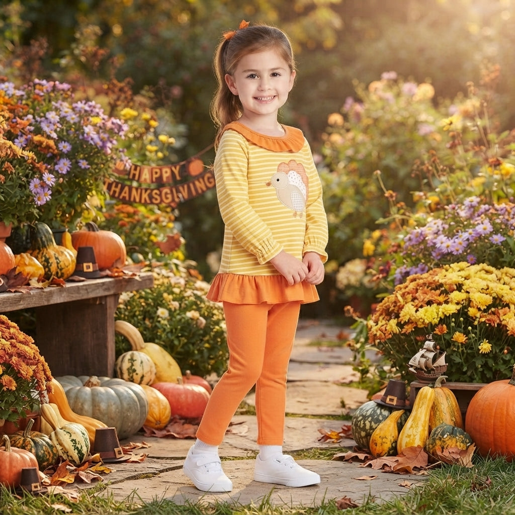 Embroidery Turkey Baby Girls Orange Stripe Tunic Leggings Thanksgivings Clothes Sets