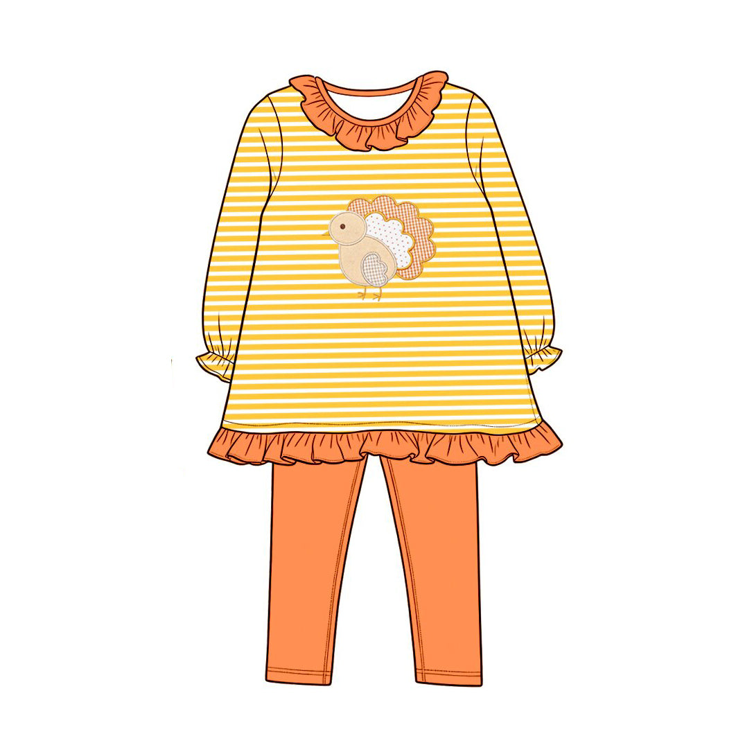Preorder moq 5 Baby Girls Orange Stripe Turkey Tunic Leggings Thanksgivings Clothes Sets
