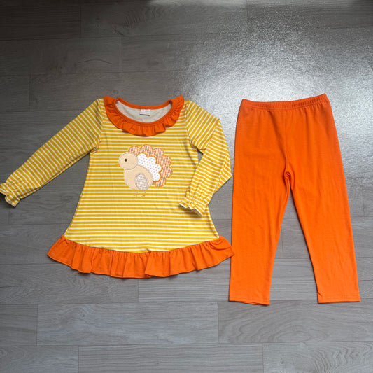 Embroidery Turkey Baby Girls Orange Stripe Tunic Leggings Thanksgivings Clothes Sets Preorder