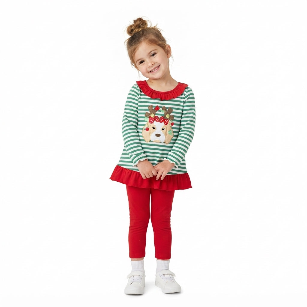 Embroidery Lights Dog Baby Girls Green Stripe Tunic Leggings Christmas Clothes Sets