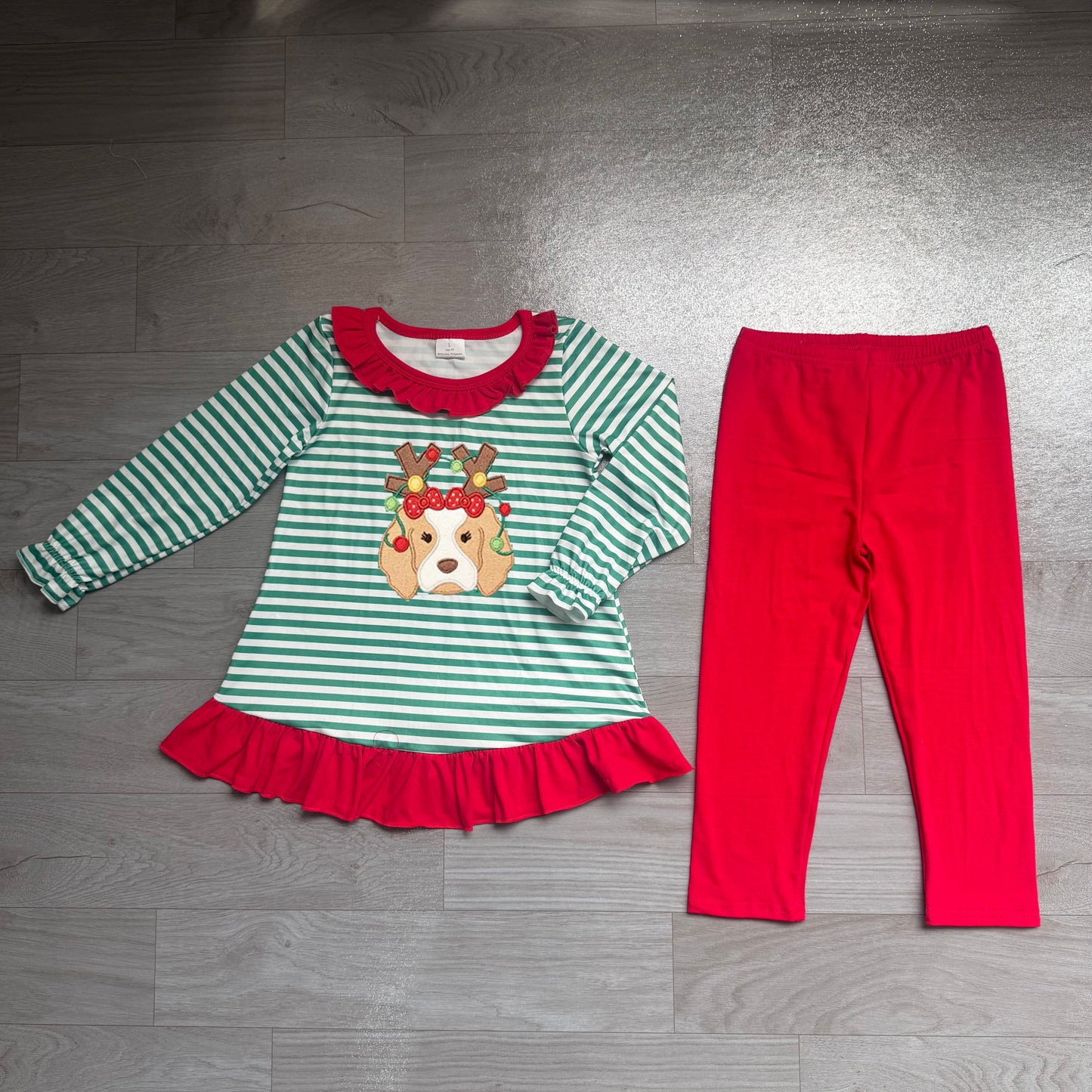 Embroidery Lights Dog Baby Girls Green Stripe Tunic Leggings Christmas Clothes Sets Preorder