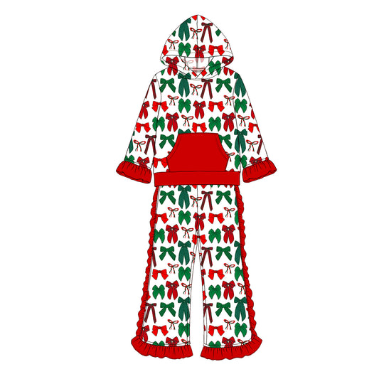 Preorder moq 5 Baby Girls Green Red Bows Pocket Hoodie Ruffle Pant Christmas Clothes Sets