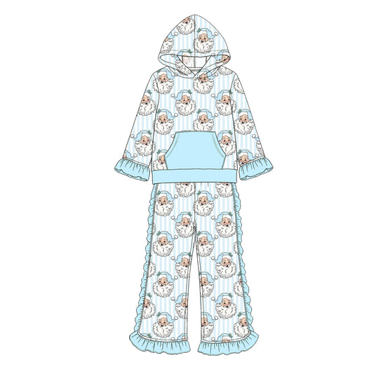 Preorder moq 5 Baby Girls Blue Stripe Santa Pocket Hoodie Ruffle Pant Christmas Clothes Sets