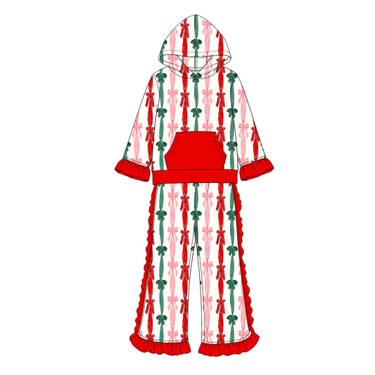 Preorder moq 5 Baby Girls Green Red Bows Stripe Pocket Hoodie Ruffle Pant Christmas Clothes Sets