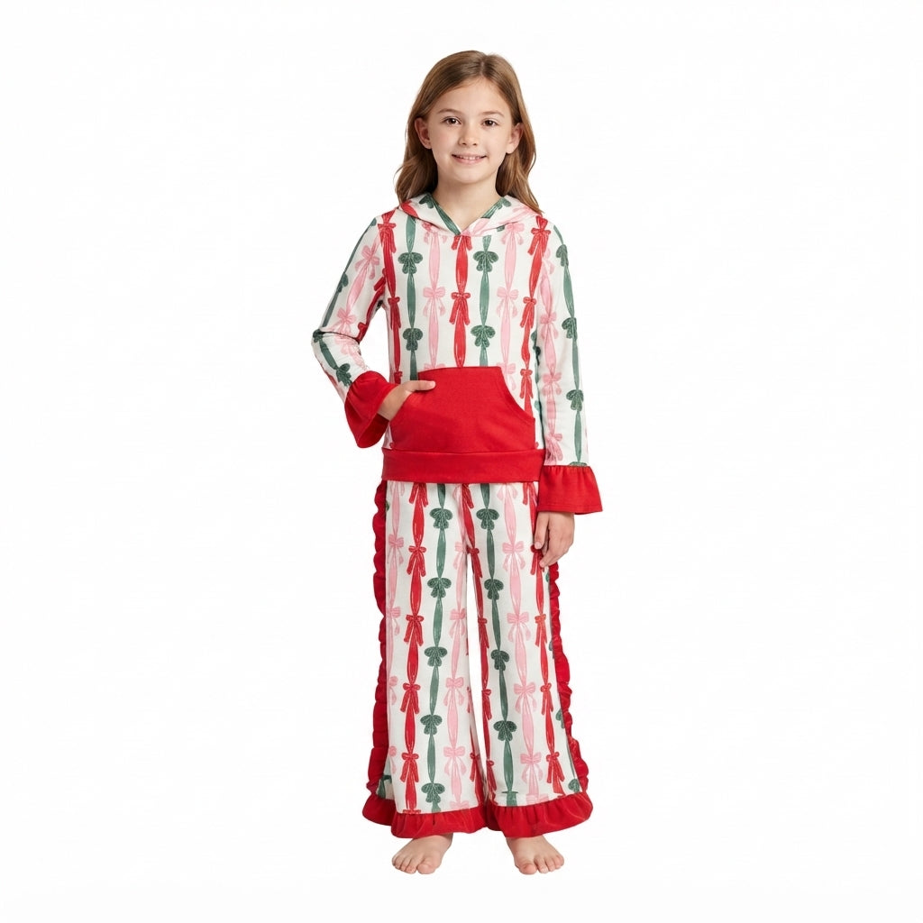 Baby Girls Green Red Bows Stripe Pocket Hoodie Ruffle Flare Pant Christmas Clothes Sets