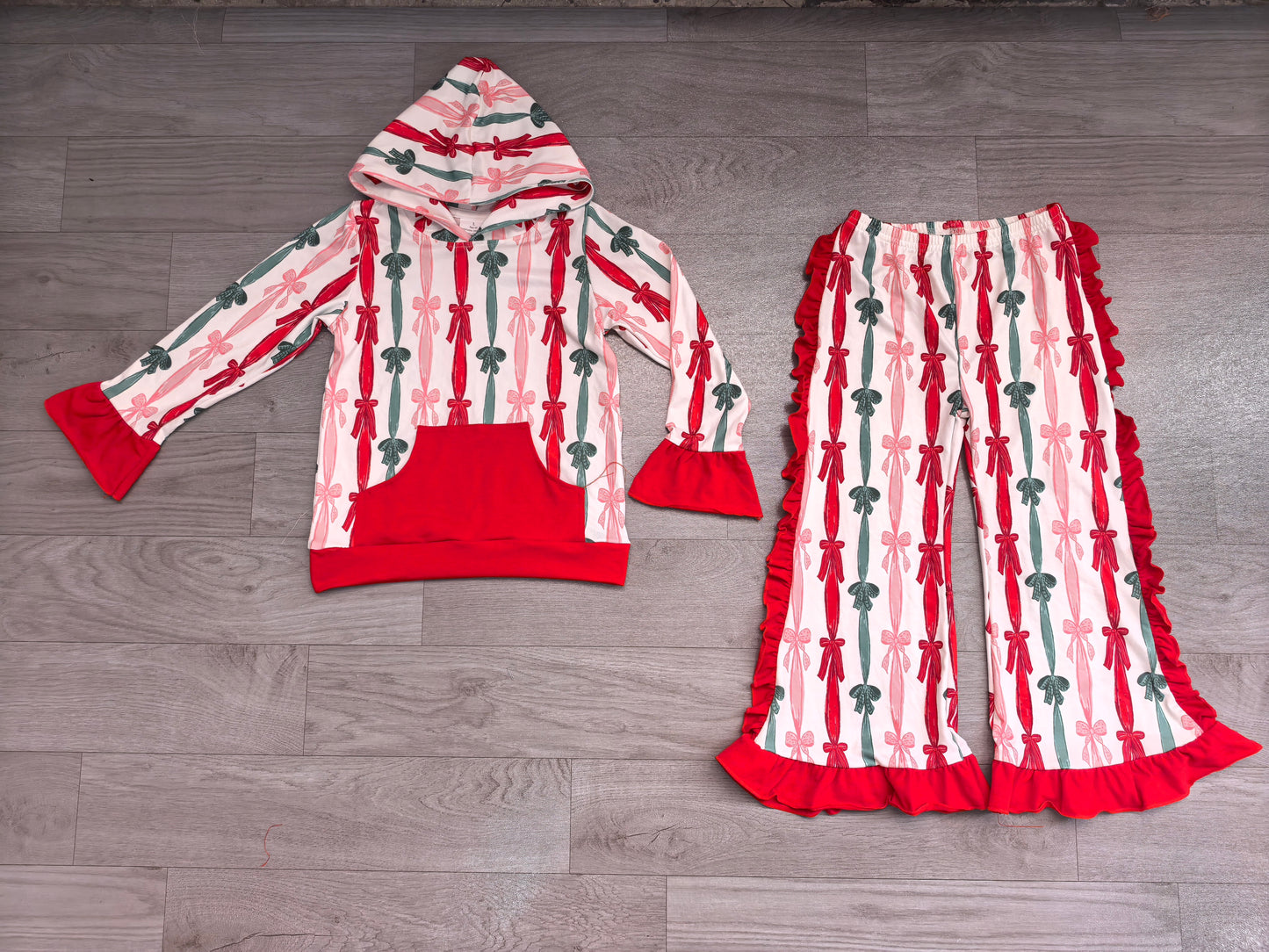 Baby Girls Green Red Bows Stripe Pocket Hoodie Ruffle Pant Christmas Clothes Sets Preorder