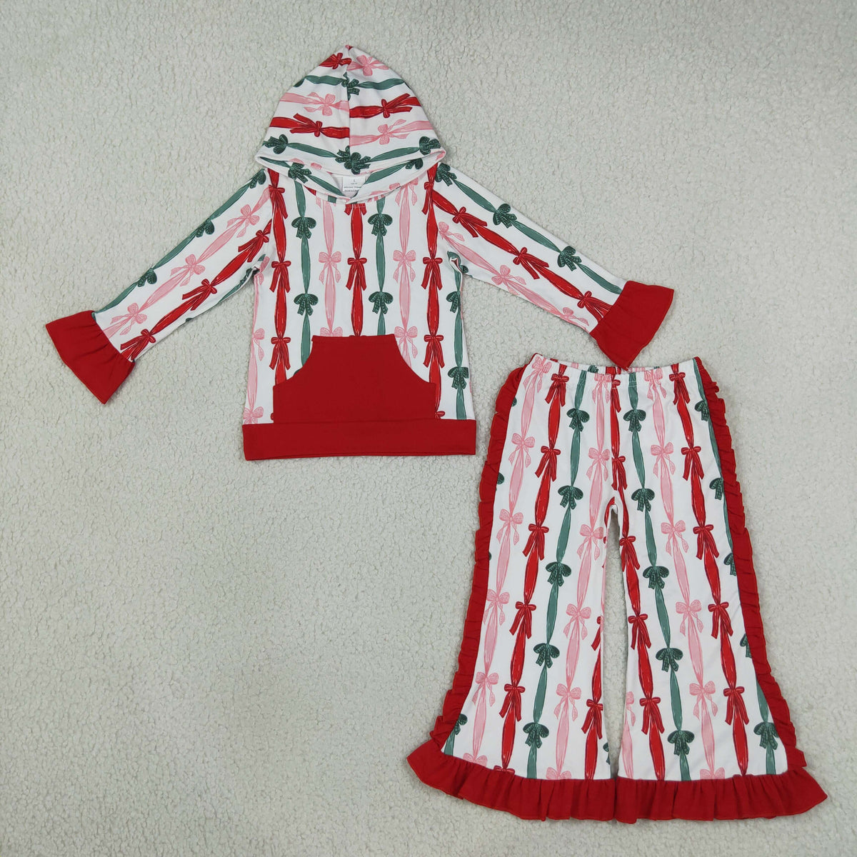 Baby Girls Green Red Bows Stripe Pocket Hoodie Ruffle Flare Pant Christmas Clothes Sets