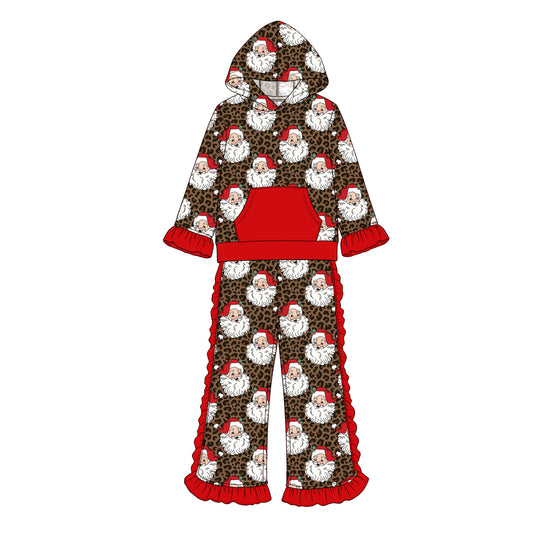 Preorder moq 5 Baby Girls Leopard Santa Pocket Hoodie Ruffle Pant Christmas Clothes Sets