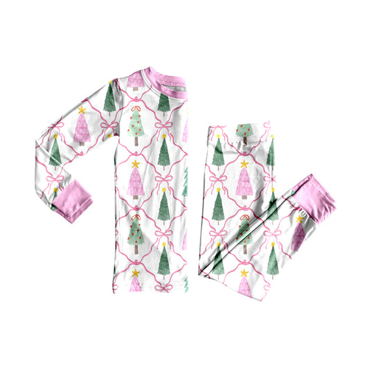 Preorder moq 5 Baby Girls Bows Trees Checked Top Pant Christmas Pajamas Sets