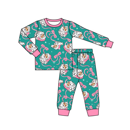 Preorder moq 5 Baby Girls Bows Santa Snowflakes Top Pant Christmas Pajamas Sets
