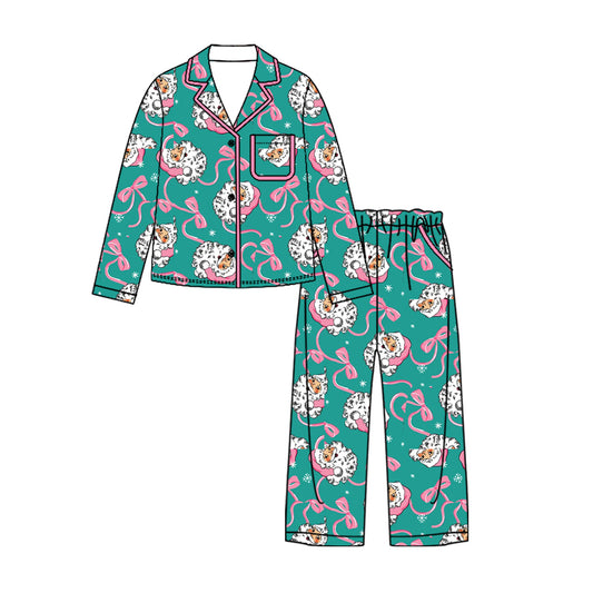 Preorder moq 5 Adult Women Bows Santa Button Pocket Top Pant Christmas Pajamas Sets
