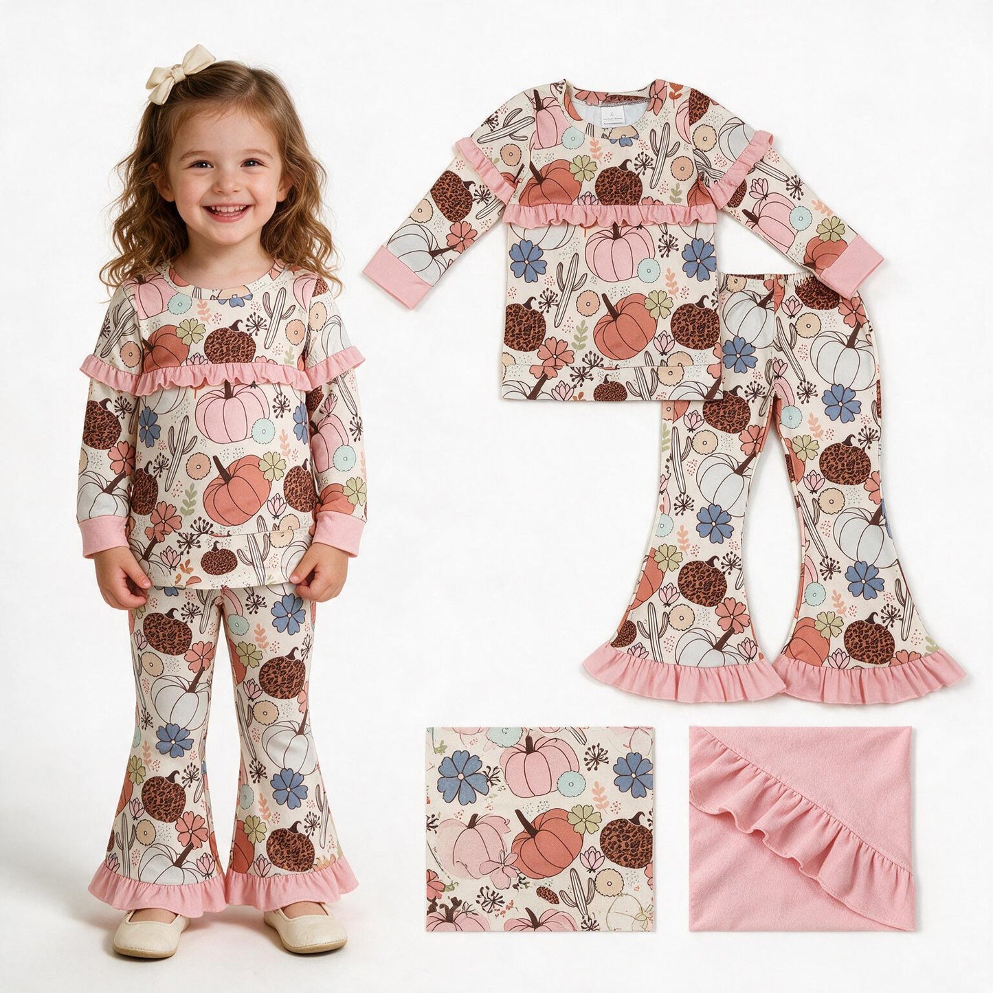 Baby Girls Flowers Pumpkins Cactus Top Flare Ruffle Pant Fall Clothes Sets