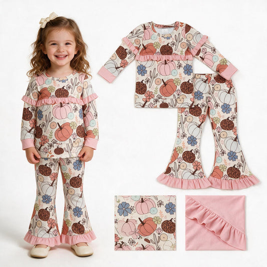 Baby Girls Flowers Pumpkins Cactus Top Flare Ruffle Pant Fall Clothes Sets