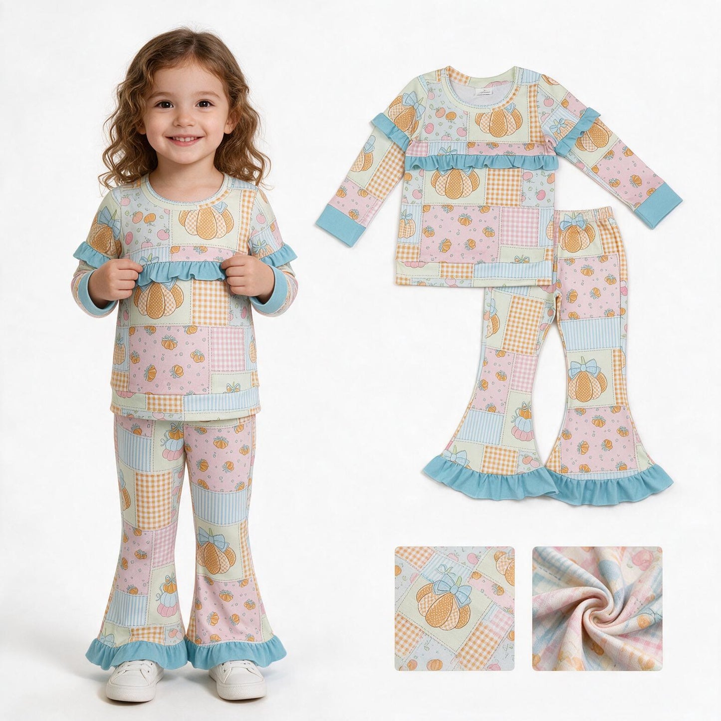 Baby Girls Flowers Bows Pumpkins Top Flare Ruffle Pant Fall Clothes Sets