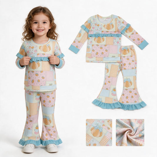 Baby Girls Flowers Bows Pumpkins Top Flare Ruffle Pant Fall Clothes Sets