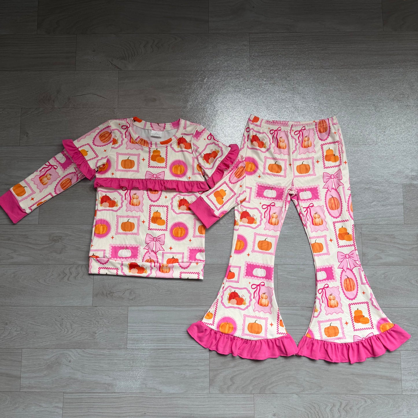 Baby Girls Bows Pumpkins Checked Top Flare Pant Fall Clothes Sets Preorder