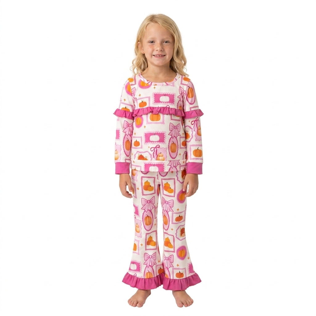 Baby Girls Bows Pumpkins Checked Top Flare Pant Fall Clothes Sets