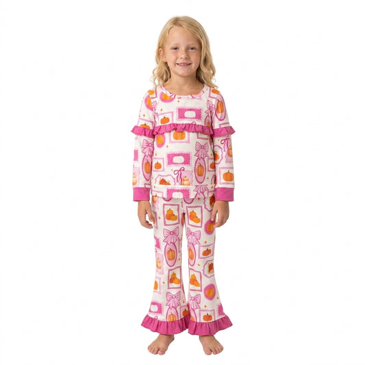 Baby Girls Bows Pumpkins Checked Top Flare Pant Fall Clothes Sets