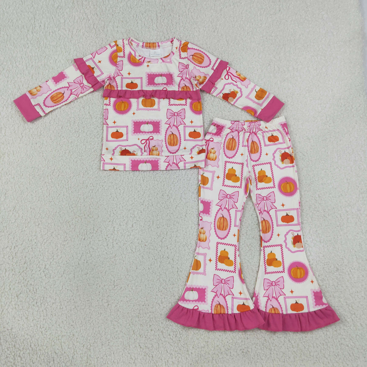 Sibling Baby Girls Long Sleeve Pumpkins Santa Top Ruffle Bell Bottom Pant Clothes Sets