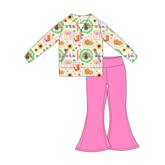 Preorder moq 5 Baby Girls Bows Pumpkins Zip Pockets Pullovers Flare Pant Fall Clothes Set