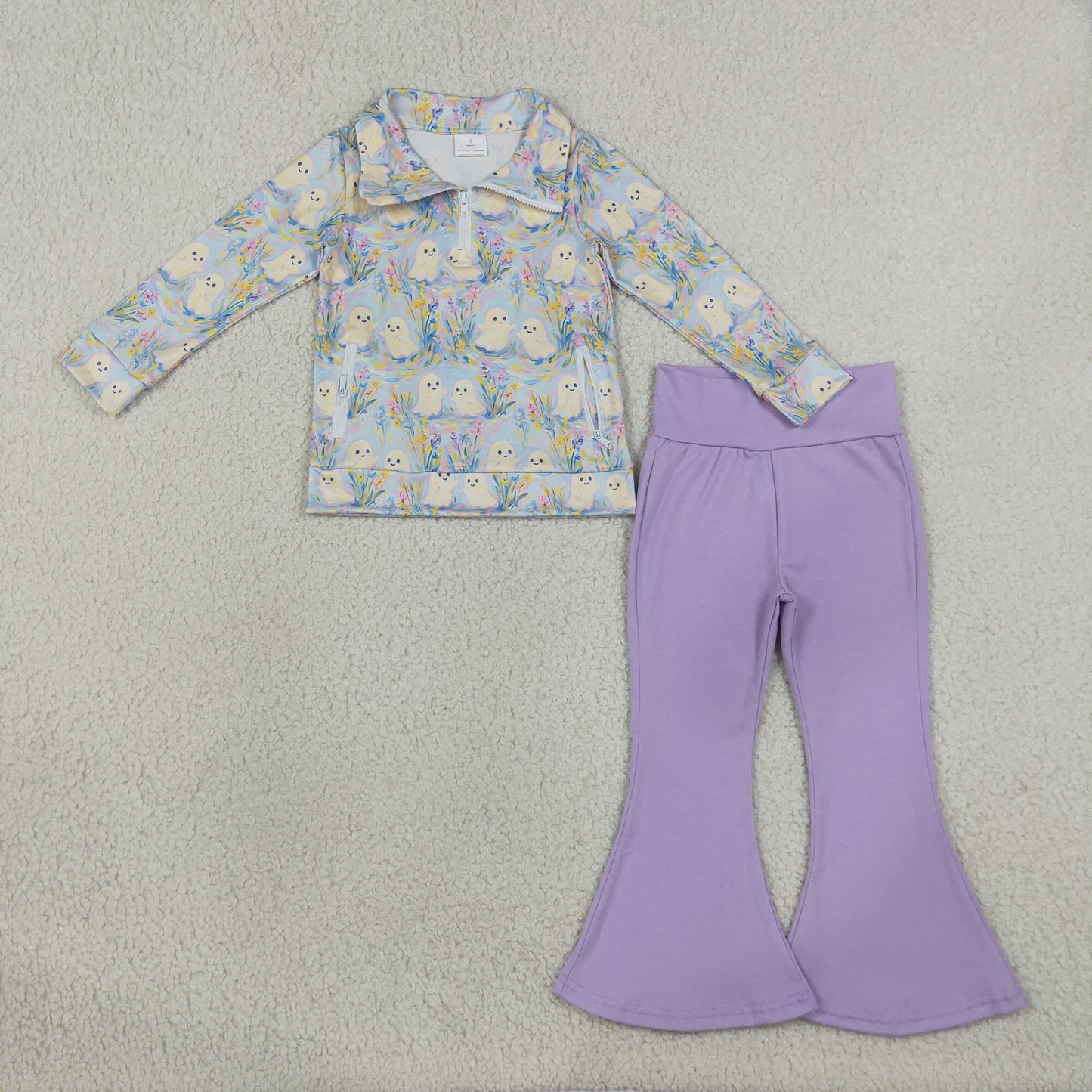 Baby Girls Ghosts Zip Pockets Pullovers Flare Pant Halloween Clothes Set
