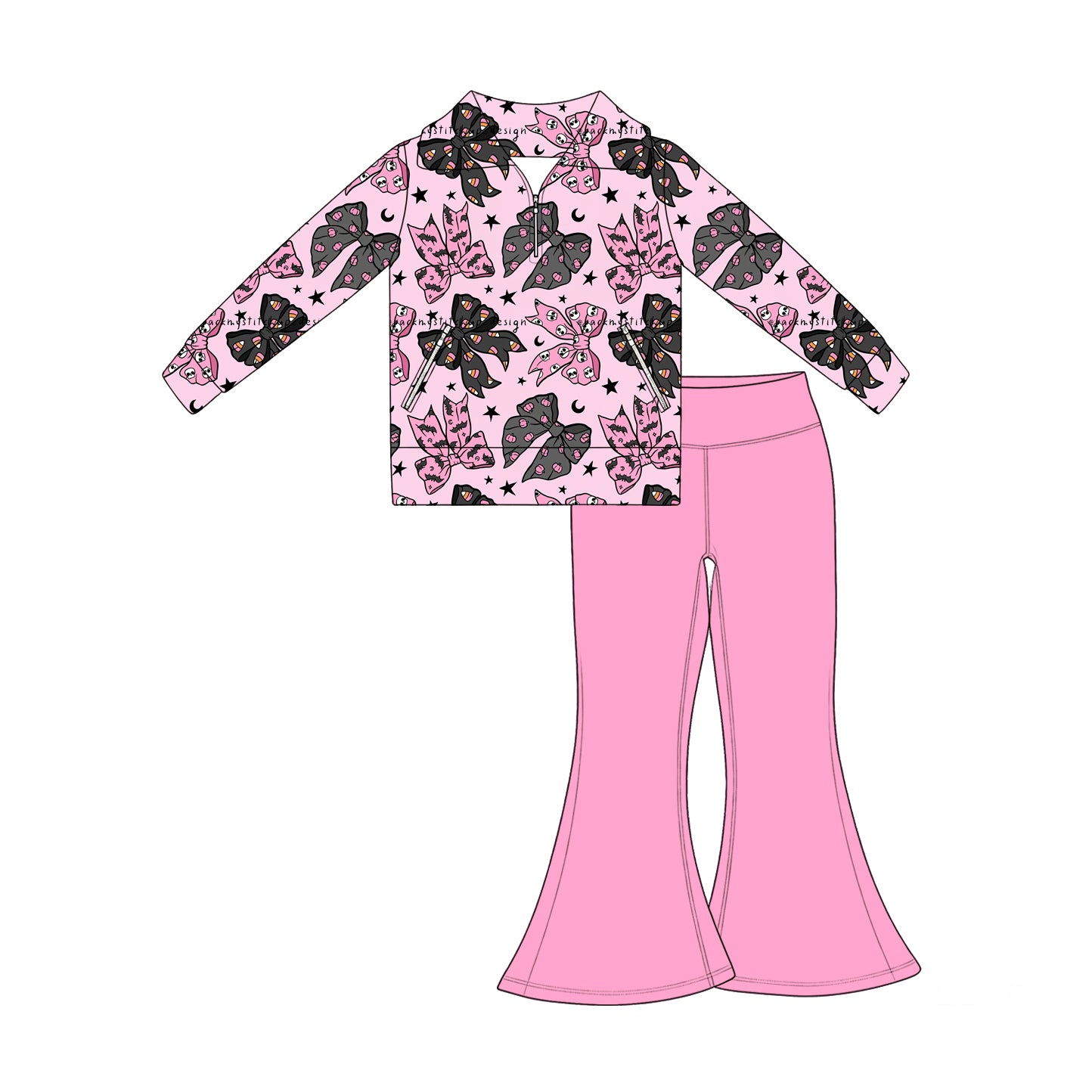 Preorder moq 5 Baby Girls Bats Bows Zip Pockets Pullovers Flare Pant Halloween Clothes Set