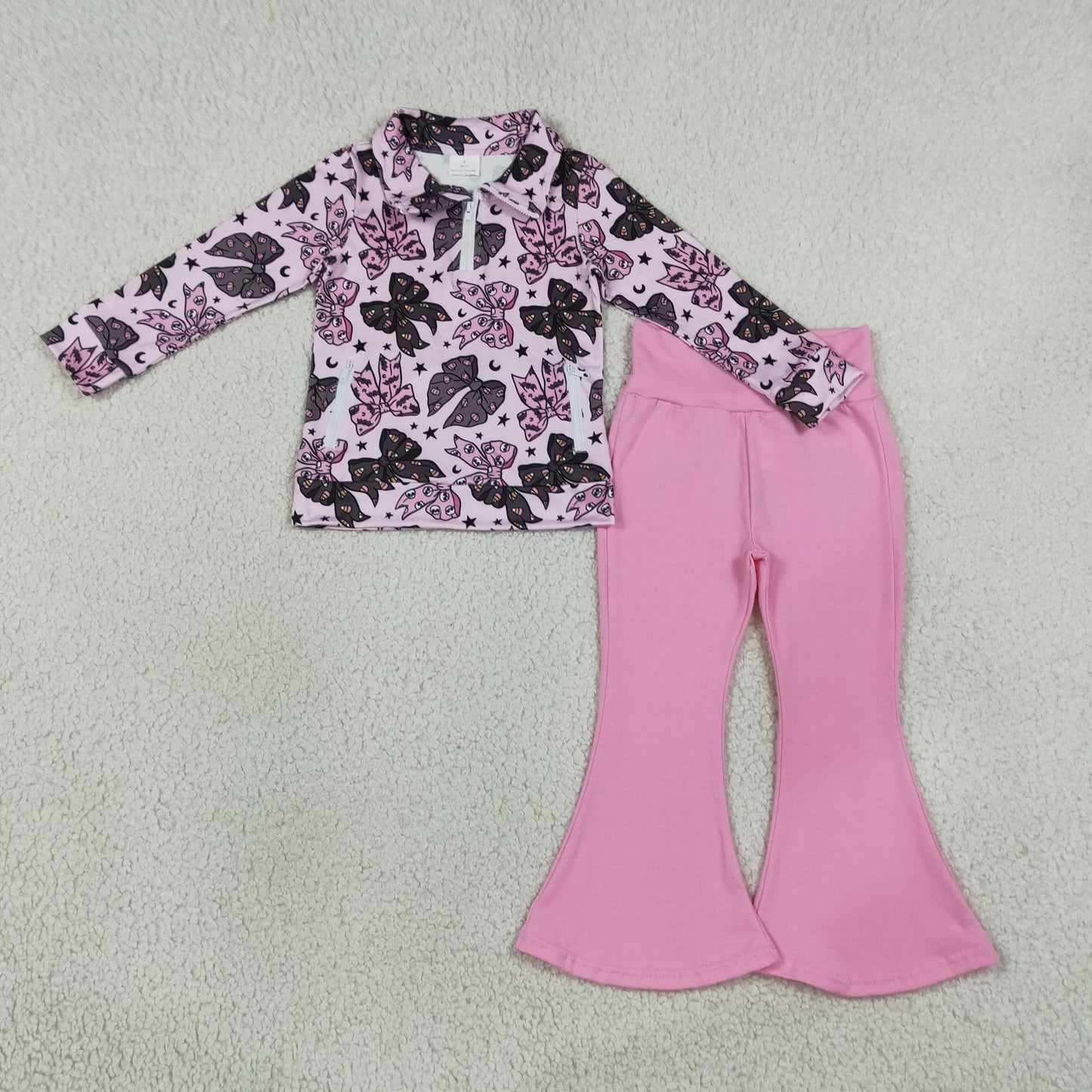 Baby Girls Bats Bows Zip Pockets Pullover Bell Bottom Pant Halloween Clothes Set