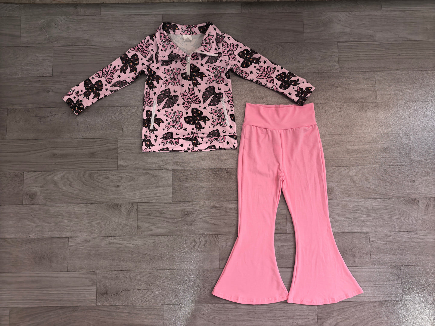 Baby Girls Bats Bows Zip Pockets Pullovers Flare Pant Halloween Clothes Set Preorder