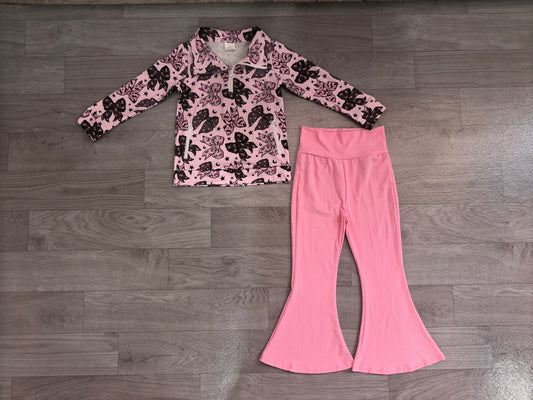 Baby Girls Bats Bows Zip Pockets Pullovers Flare Pant Halloween Clothes Set Preorder
