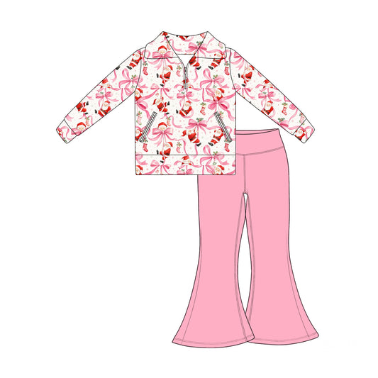Baby Girls Bows Santa Zip Pockets Pullovers Flare Pant Christmas Clothes Set Preorder