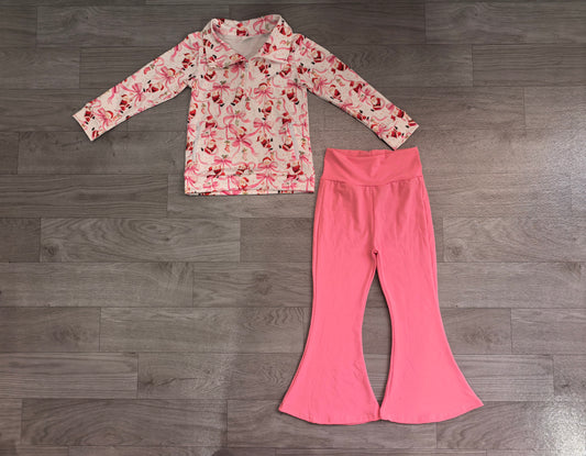 Baby Girls Bows Santa Zip Pockets Pullovers Flare Pant Christmas Clothes Set Preorder