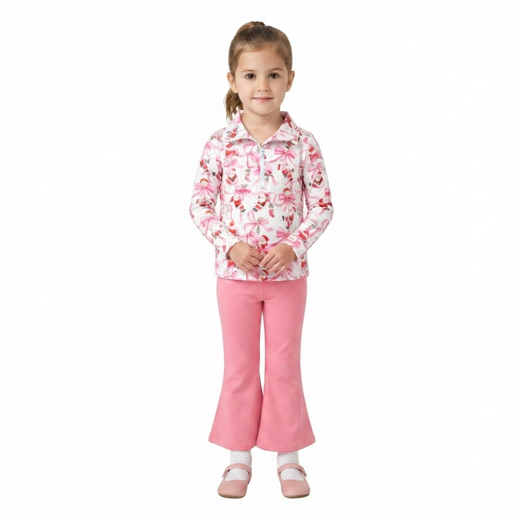 Baby Girls Bows Santa Zip Pockets Pullovers Flare Pant Christmas Clothes Set