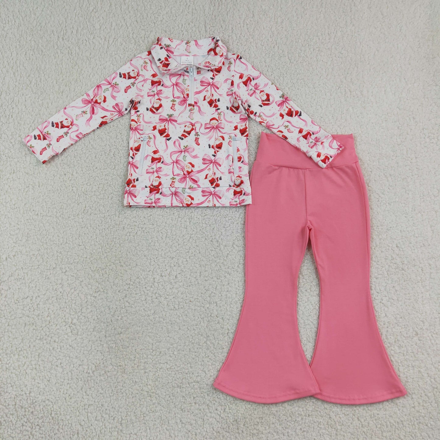 Sibling Baby Girls Bows Ghosts Santa Zip Pullovers Bell Bottom Halloween Christmas Sets