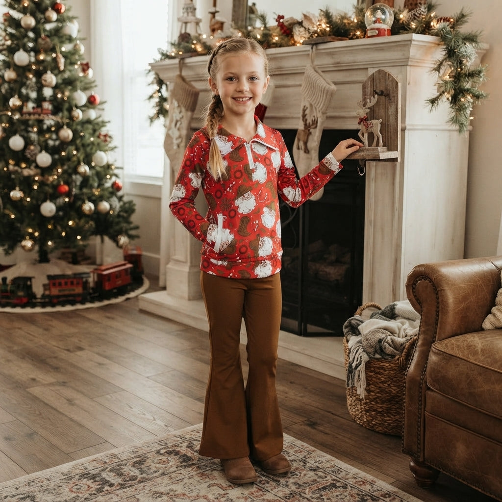 Baby Girls Holly Santa Zip Pockets Pullovers Bell Bottom Pant Christmas Clothes Set