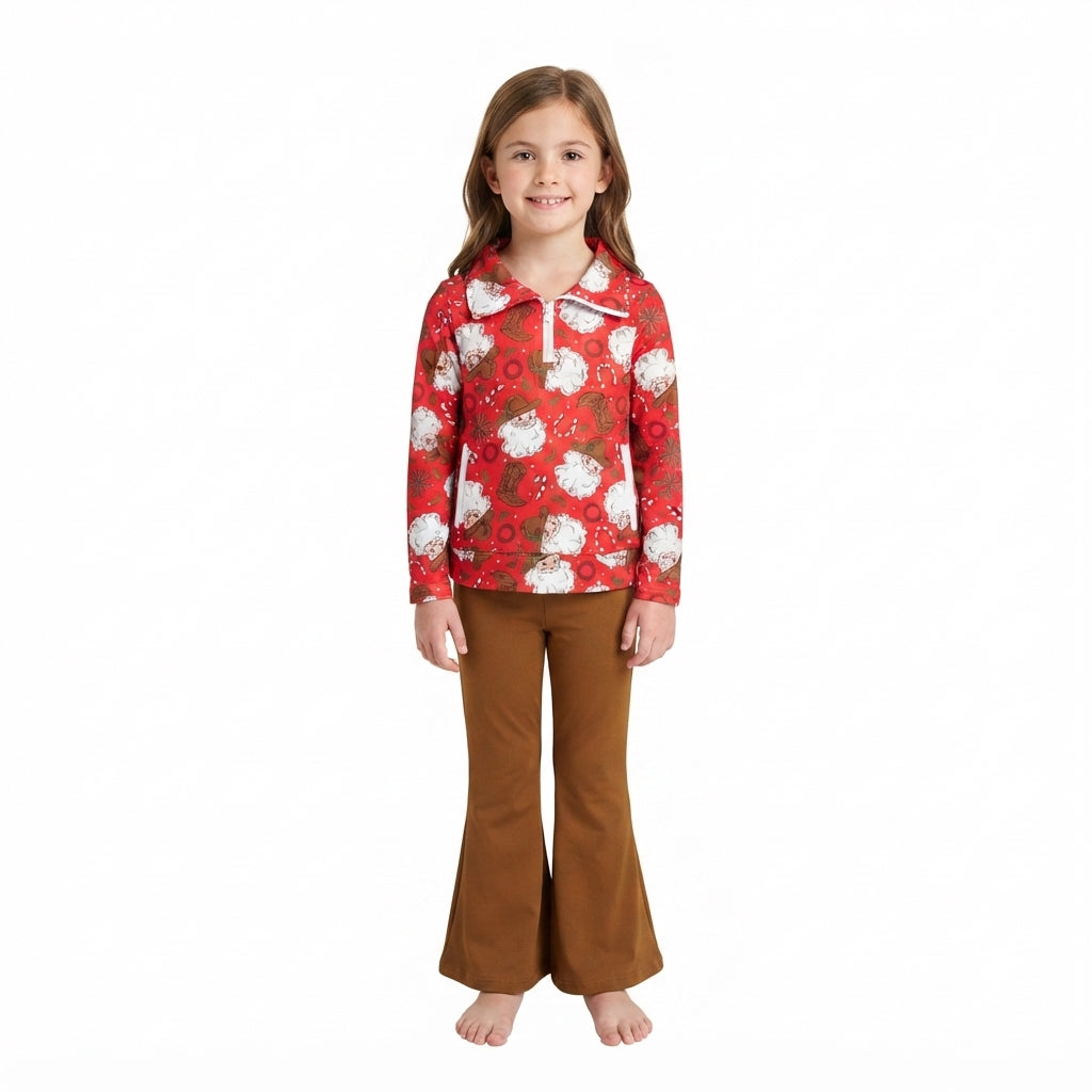 Baby Girls Holly Santa Zip Pockets Pullovers Bell Bottom Pant Christmas Clothes Set