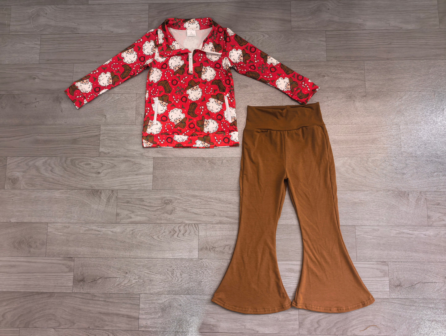 Baby Girls Holly Santa Zip Pockets Pullovers Flare Pant Christmas Clothes Set Preorder