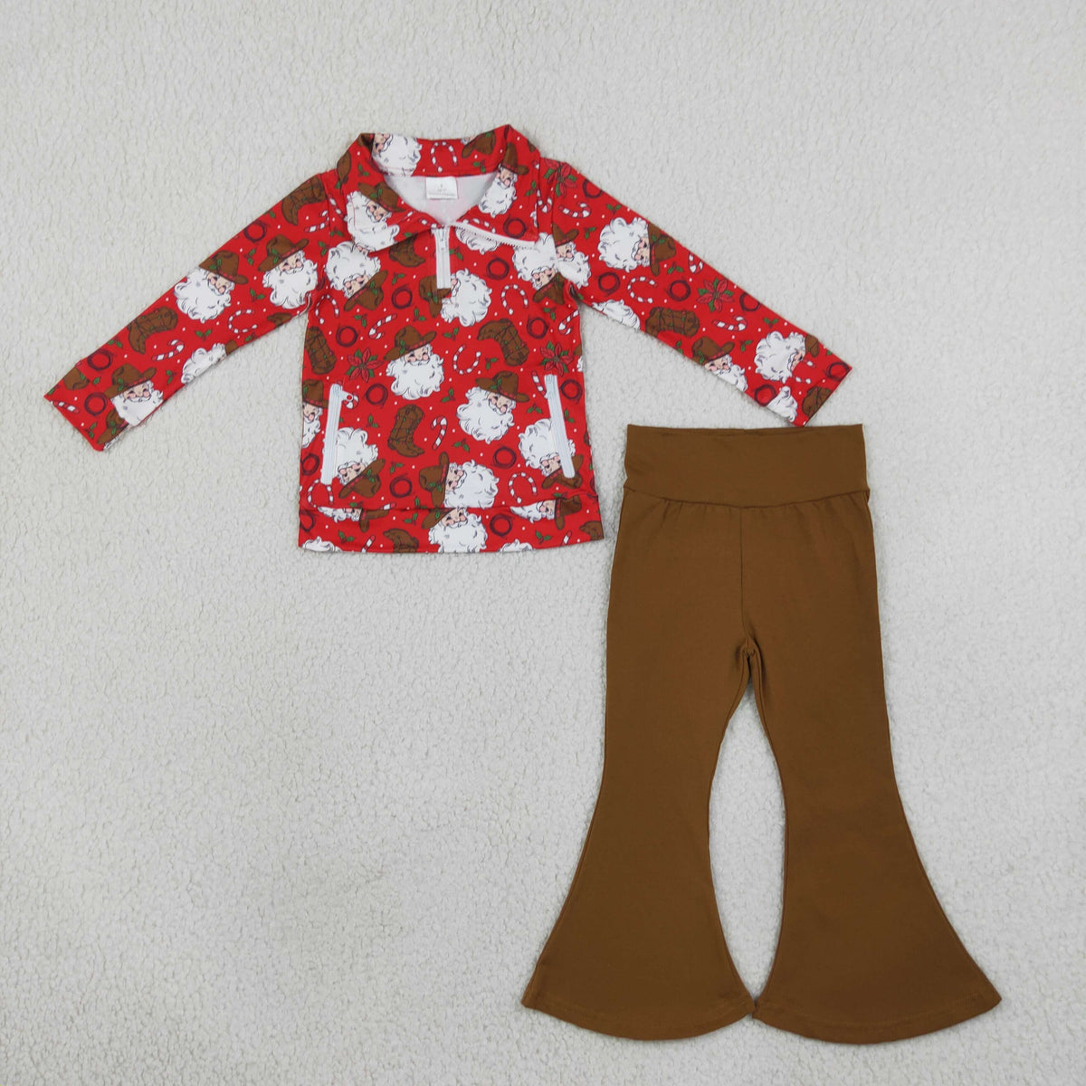 Baby Girls Holly Santa Zip Pockets Pullovers Bell Bottom Pant Christmas Clothes Set