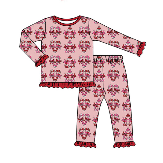 Preorder moq 5 Baby Girls Bows Candy Cane Top Ruffle Pant Christmas Pajamas Sets