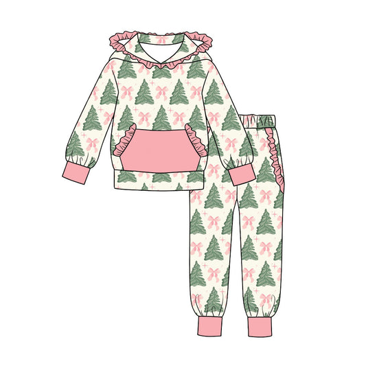 Preorder moq 5 Baby Girls Pink Bows Trees Ruffle Hoodies Pockets Joggers Christmas Sets