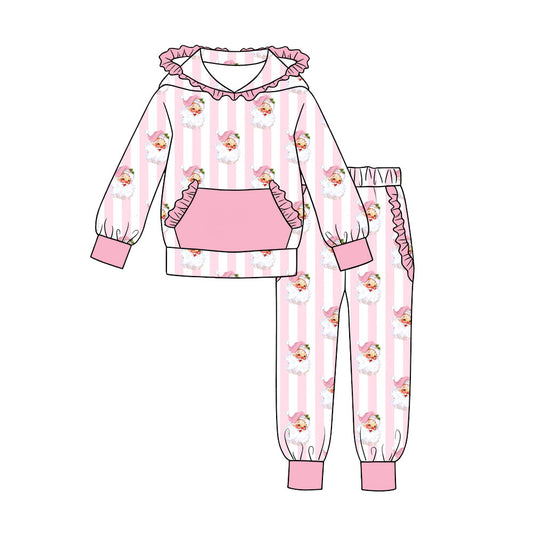 Preorder moq 5 Baby Girls Pink Stripe Santa Ruffle Hoodies Pockets Joggers Christmas Sets