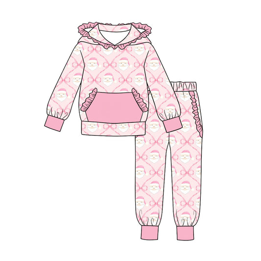Preorder moq 5 Baby Girls Pink Bows Santa Ruffle Hoodies Pockets Joggers Christmas Sets