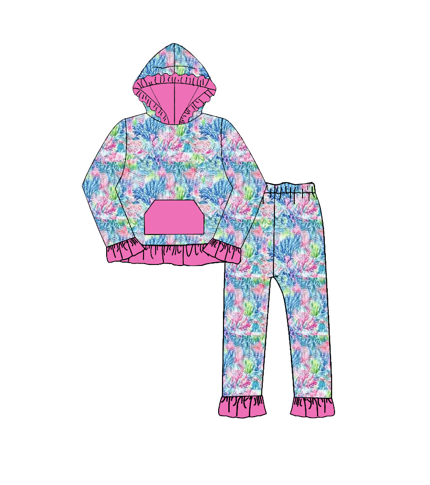 Preorder moq 5 Baby Girls Sea Plants Pocket Ruffle Hoodie Pants Clothes Sets