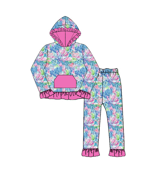 Baby Girls Sea Plants Pocket Ruffle Hoodie Pants Clothes Sets Preorder