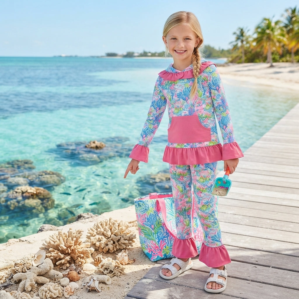Baby Girls Watercolor Sea Plants Pocket Ruffle Hoodie Pants Clothes Sets