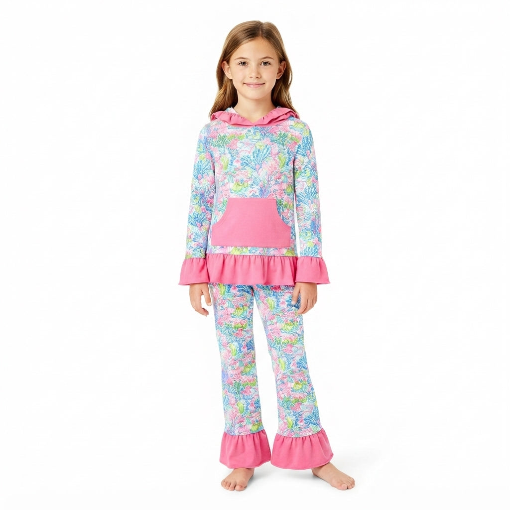 Baby Girls Watercolor Sea Plants Pocket Ruffle Hoodie Pants Clothes Sets