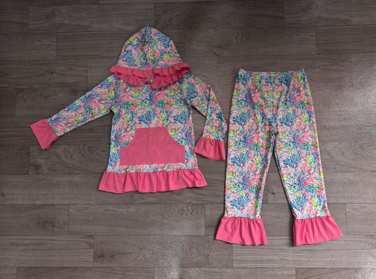 Baby Girls Sea Plants Pocket Ruffle Hoodie Pants Clothes Sets Preorder