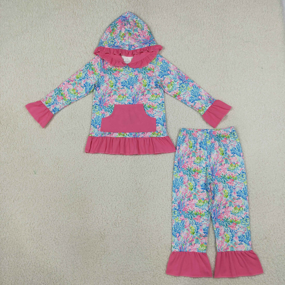 Baby Girls Watercolor Sea Plants Pocket Ruffle Hoodie Pants Clothes Sets