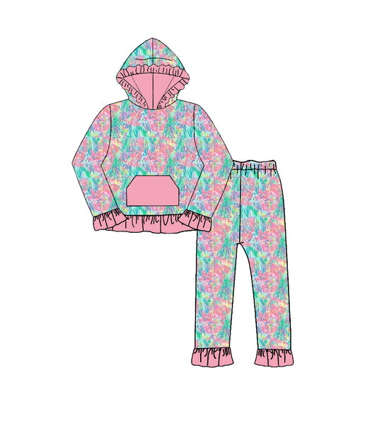 Baby Girls Sea Plants Pocket Ruffle Hoodie Pants Clothes Sets Preorder