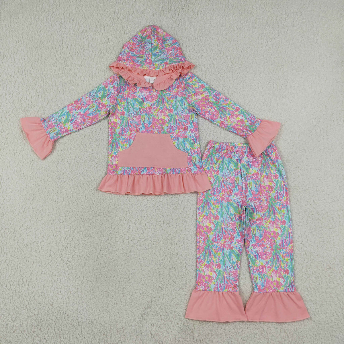 Siblings Baby Girls Colorful Flowers Pockets Ruffle Hoodie Pant Fall Clothes Sets