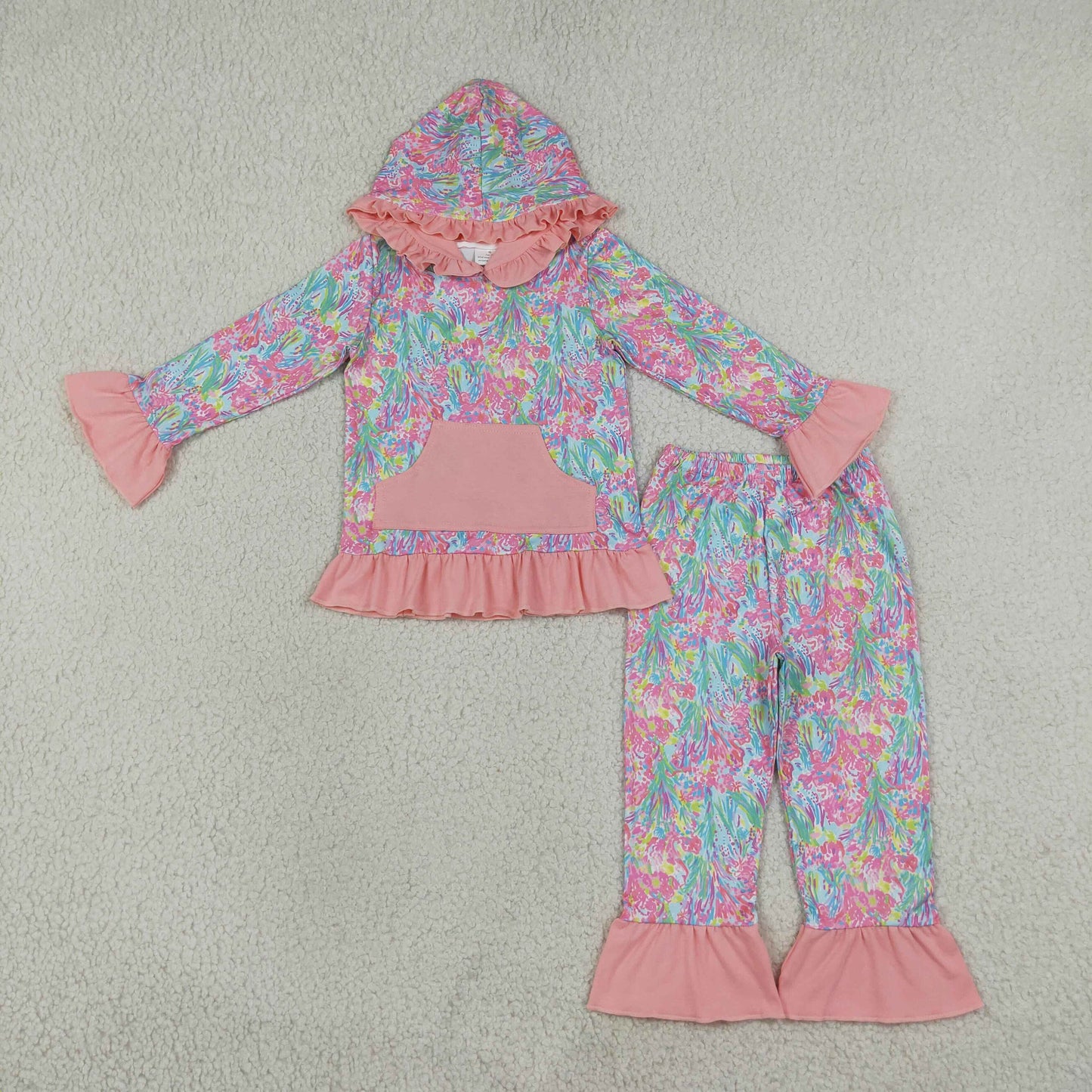 Baby Girls Sea Plants Pocket Ruffle Hoodie Pants Clothes Sets
